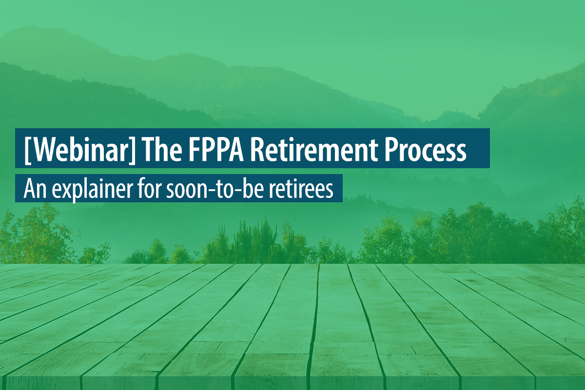 Retirement Process webinar header image. Wooden deck overlooking a mountain lake