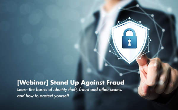 header image for fraud prevention webinar. Person touches security symbol on digital interface