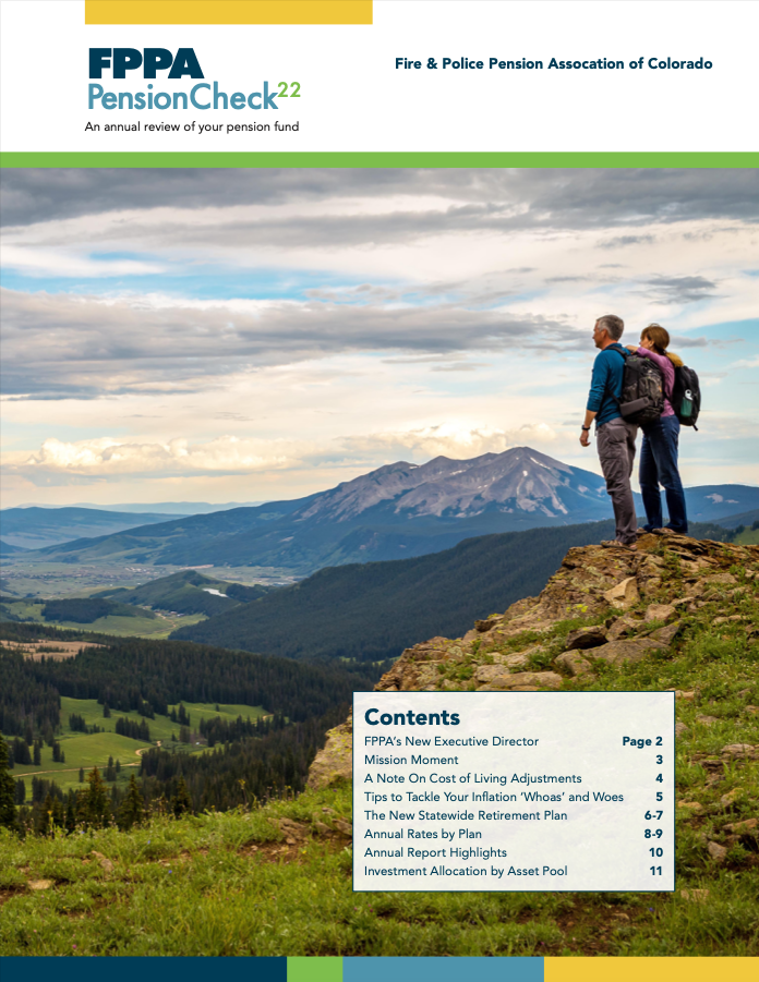 Cover of PensionCheck 22 Newsletter. A couple stands on top of a mountain ridge overlooking a valley