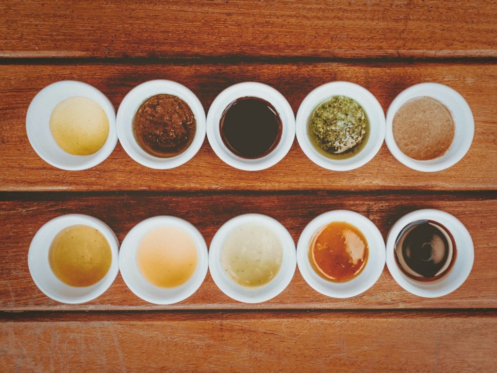 Overhead perspective image of various types of food sauces