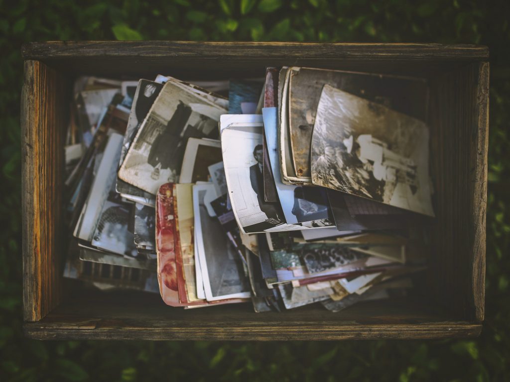 Old photos in a wooden box