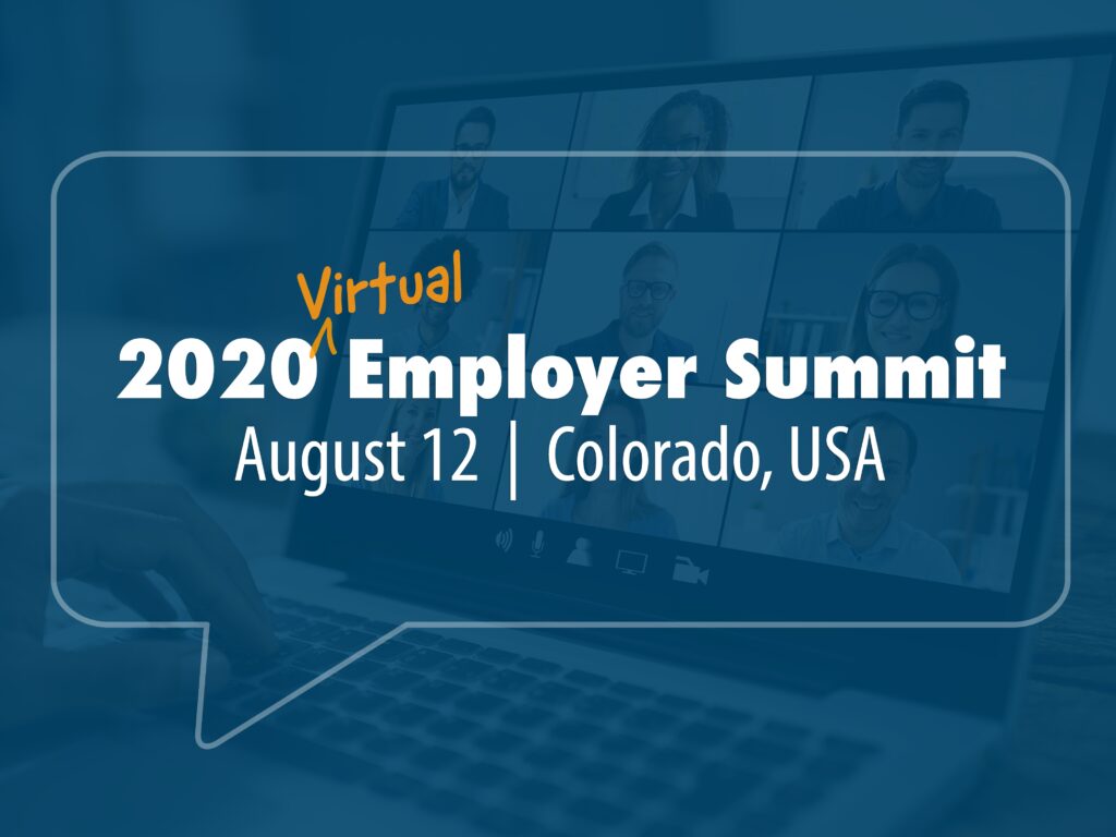 Header image for 2020 Employer Summit. Text overlaying image of videoconference in a laptop